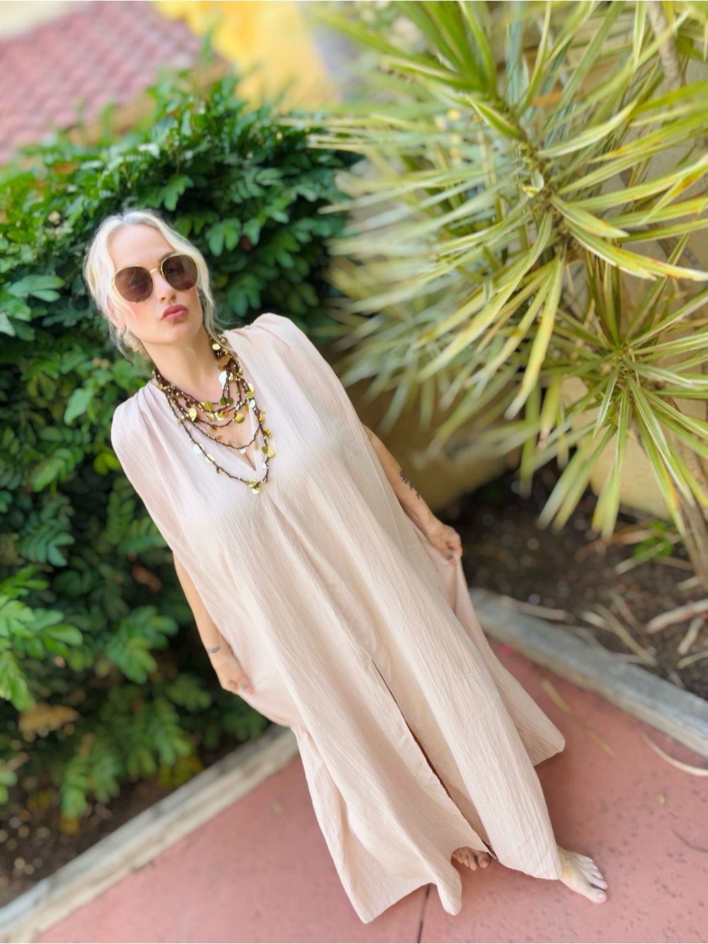 EARTHY TAN SLEEVLESS HIGH SLIT DEEP V KAFTAN